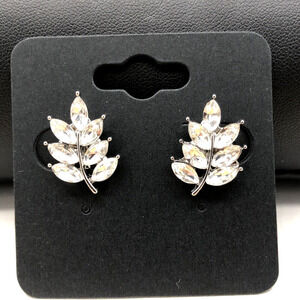 Rhinestone Clip‎ On Earrings Crystal Leaf Leaves Silver Tone